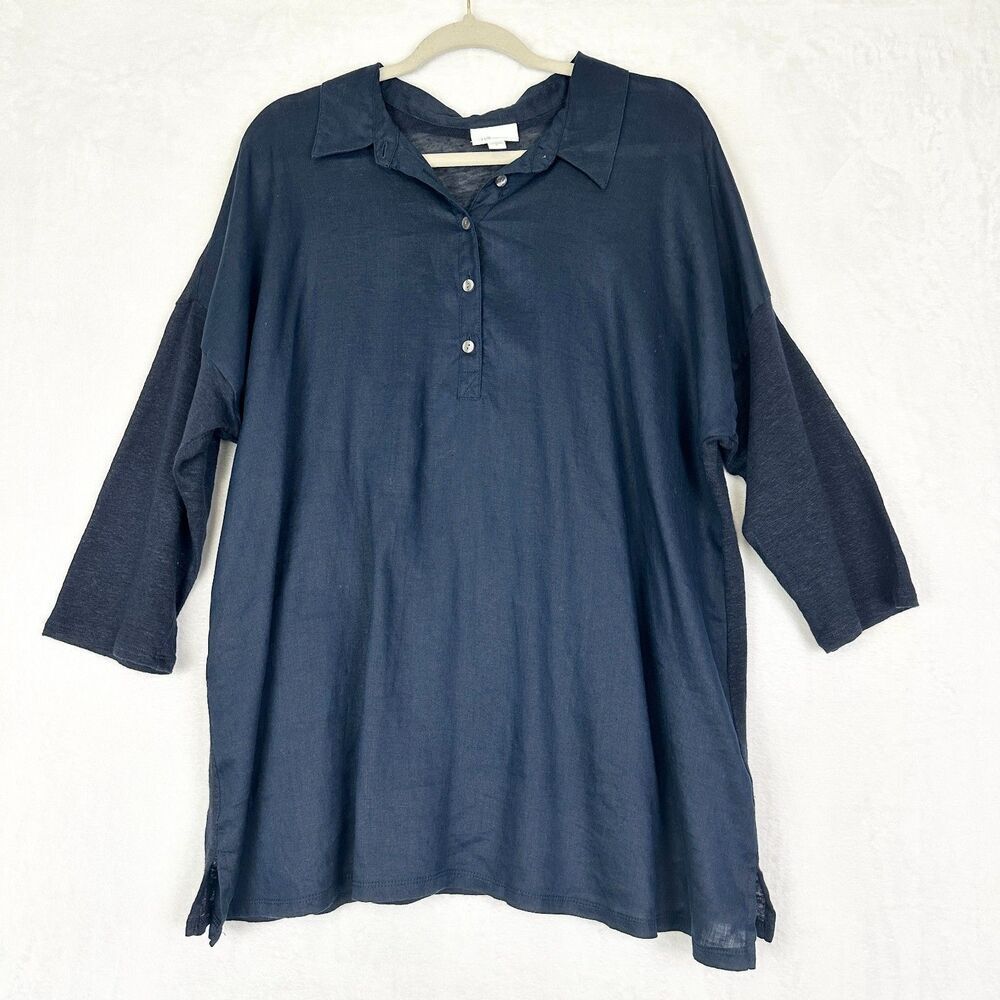 J.Jill Love Linen Collared Popover Tunic Size XL Navy Blue 3/4 Sleeve Coastal
